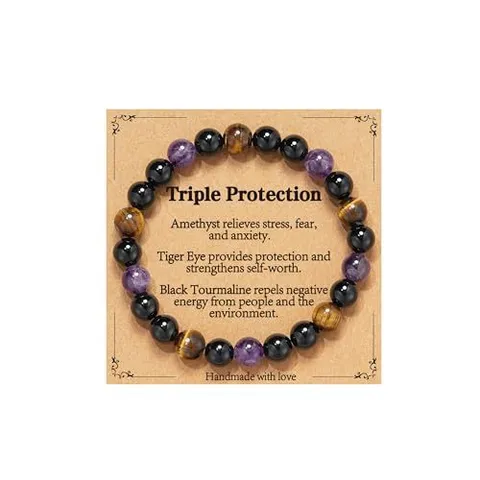 Natural Stone Beaded Bracelet Triple Protection Obsidian Tiger Eye Healing Energy Adjustable Braided Bracelet For Women Jewelry