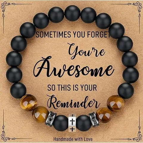 Natural Stone Beaded Bracelet With Stainless Steel Cross Charm Tiger Eye Obsidian Mens Healing Jewelry Gift With Card