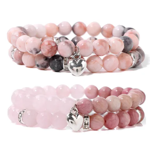 Natural Stone Double Layer Beaded Bracelet Set Heart Pendant Rhinestone Spacer Fashion Jewelry Gift For Women