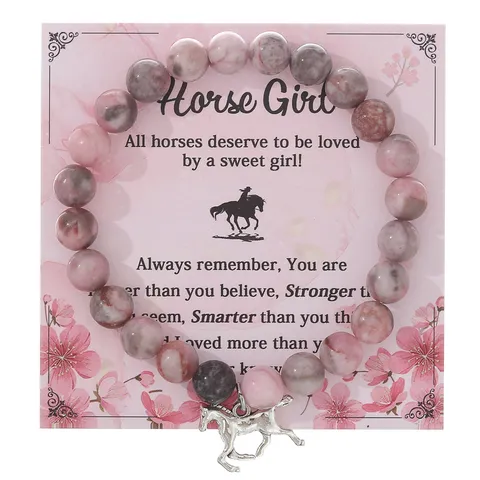 Natural Stone Agate Beaded Bracelet Pink Zebra Jaspers Quartz Round Bead Strand Charm Bracelets With Heart Horse Pendant Jewelry Gift For Unisex Friend