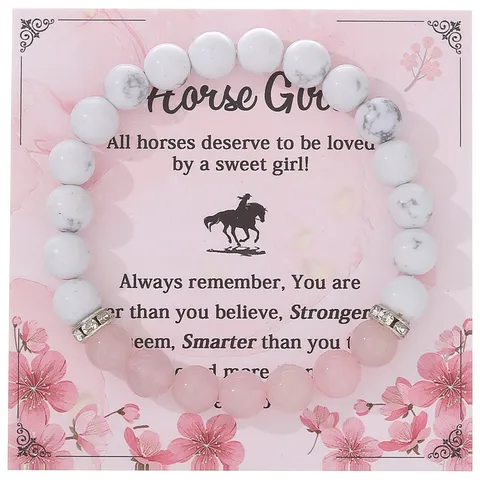 Natural Stone Agate Beaded Bracelet Pink Zebra Jaspers Quartz Round Bead Strand Charm Bracelets With Heart Horse Pendant Jewelry Gift For Unisex Friend