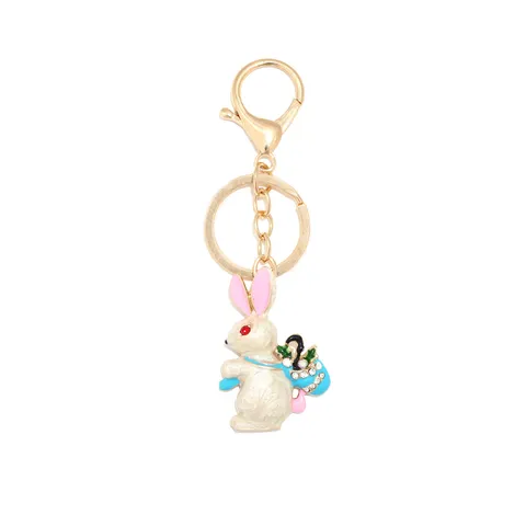 Vintage Cute Enamel Rabbit Keychain Rhinestone Backpack Bunny With Umbrella Alloy Pendant Keyring For Women Bag Charm Jewelry