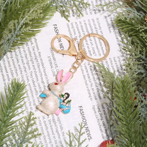 Vintage Cute Enamel Rabbit Keychain Rhinestone Backpack Bunny With Umbrella Alloy Pendant Keyring For Women Bag Charm Jewelry