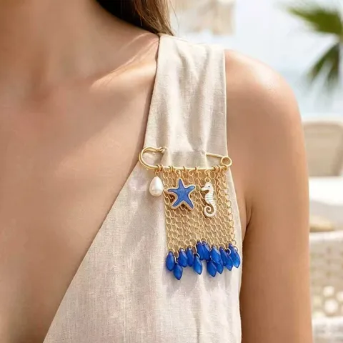 Ocean Style Starfish Seahorse Long Tassel Brooch Gold Color Zinc Alloy Pin With Artificial Pearl Rhinestone Blue Crystal Drop Charm Jewelry For Women