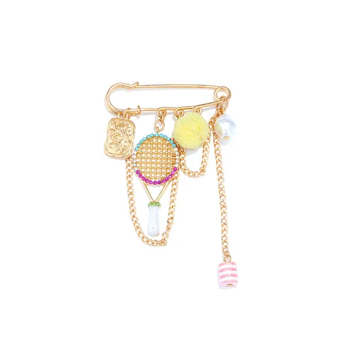 Women's Sporty Badminton Racket Large Safety Pin Brooch With Pompom Artificial Pearl Rhinestone Chain Pendant Fashion Jewelry