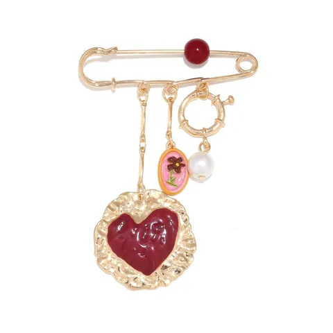 Vintage Wine Red Heart Safety Pin Brooch For Women Gold Alloy Artificial Pearl Flower Multi-Pendant Chain Brooch Pin Jewelry