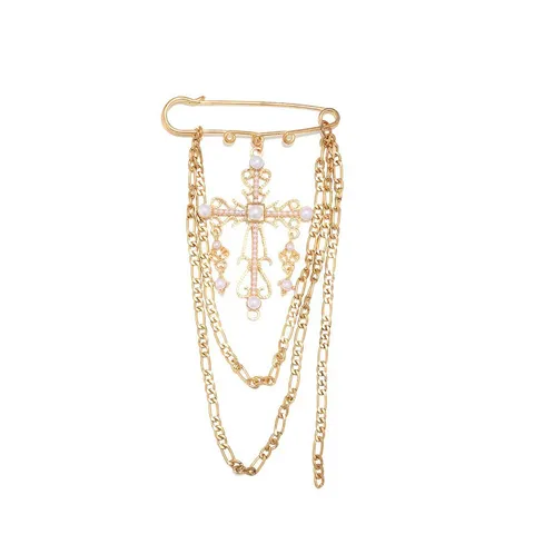 Broche de Cruz Gótica Vintage para Mujer Aleación de Zinc Chapada en Oro Perla Artificial Cadena de Borlas Multicapa Alfiler de Seguridad