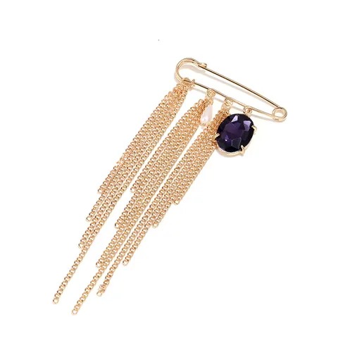 Broche de Borla de Aleación de Oro Vintage con Diamantes de Imitación Púrpura y Perla Artificial Cadena Larga Broche de Seguridad Multicapa Joyería para Mujer Regalo