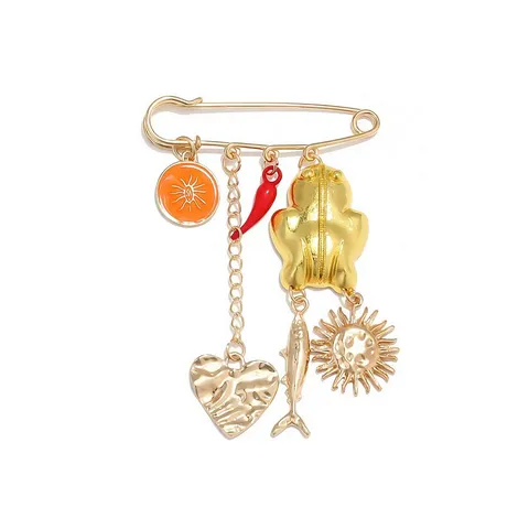Vintage Zinc Alloy Safety Pin Brooch For Women With Orange Chili Frog Heart Fish Sun Pendants Quirky Retro Drip Oil Metal Breastpin Jewelry Gift