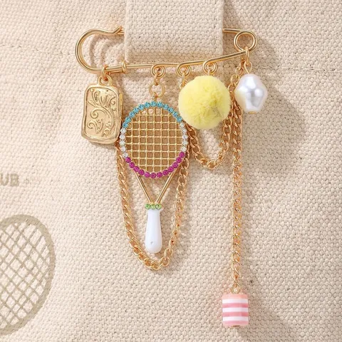 Women's Sporty Badminton Racket Large Safety Pin Brooch With Pompom Artificial Pearl Rhinestone Chain Pendant Fashion Jewelry
