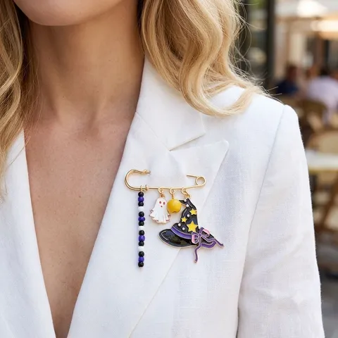 Halloween Ghost Witch Hat Brooch Pin For Women Purple Black Beads Cartoon Enamel Large Safety Pin Fun Festival Jewelry
