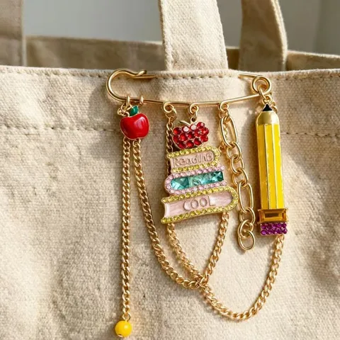 Preppy Style Book Apple Pencil Chain Brooch Enamel Rhinestone Safety Pin Brooch For Women Student Clothes Decoration Jewelry Gift
