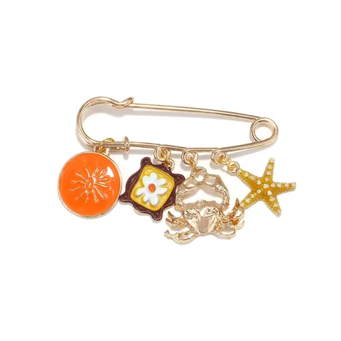Jolie Broche Épingle de Sûreté en Émail Alliage de Zinc Éléments Marins Broche Pendentifs Étoile de Mer Crabe Soleil Fleur en Strass Doré pour Bijoux de Vacances à la Plage Femmes