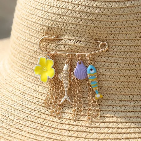Ocean Theme Zinc Alloy Enamel Brooch Pin Multi-Layer Metal Tassel Fish Flower Seashell Pendant Cute Safety Brooch For Women Jewelry