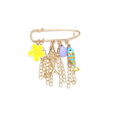 Ocean Theme Zinc Alloy Enamel Brooch Pin Multi-Layer Metal Tassel Fish Flower Seashell Pendant Cute Safety Brooch For Women Jewelry