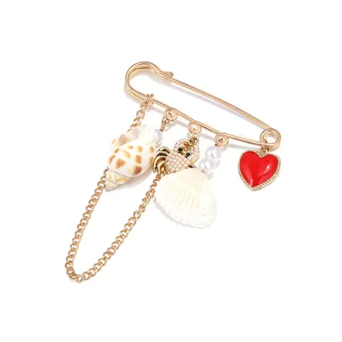 Summer Beach Vacation Style Zinc Alloy Conch Shell Tassel Chain Brooch Gold Red Heart Crab Artificial Pearl Rhinestone Pin For Women