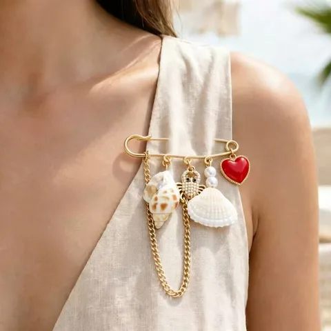 Summer Beach Vacation Style Zinc Alloy Conch Shell Tassel Chain Brooch Gold Red Heart Crab Artificial Pearl Rhinestone Pin For Women