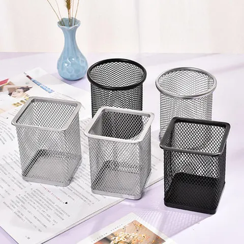 Metal Mesh Pen Holder Desktop Organizer Square And Round Pencil Cup Stand For Office School Supplies Black And Colorful