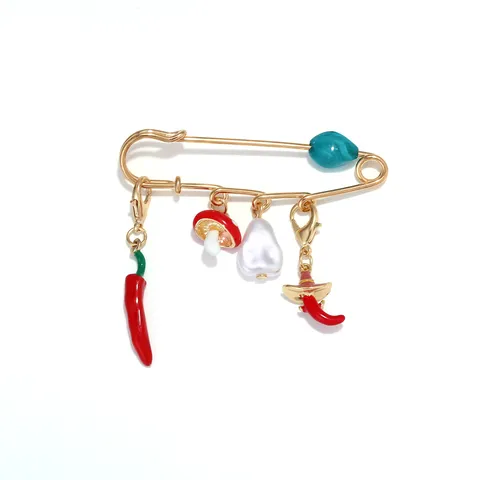 Ins Style Enamel Chili Mushroom Artificial Pearl Brooch For Women Cute Safety Pin Brooch Zinc Alloy Fixed Jewelry Accessory