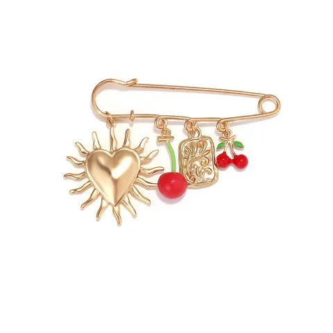 Alloy Drip Oil Cherry Heart Safety Pin Brooch For Women Ins Style Sweet Fruit Pendant Brooch Beach Vacation Fashion Jewelry