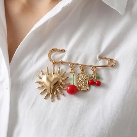 Alloy Drip Oil Cherry Heart Safety Pin Brooch For Women Ins Style Sweet Fruit Pendant Brooch Beach Vacation Fashion Jewelry