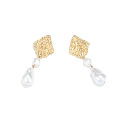 Pendientes de Forma de Rombo de Aleación Texturizada Vintage Estilo Diseñador Pendientes de Colgante Perla Artificial Barroca Mujer Oro