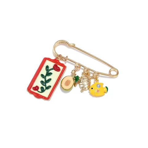 Zinc Alloy Enamel Flower Yellow Fish Melon Turtle Safety Pin Brooch Vacation Style Cute Lapel Pin For Women Jewelry
