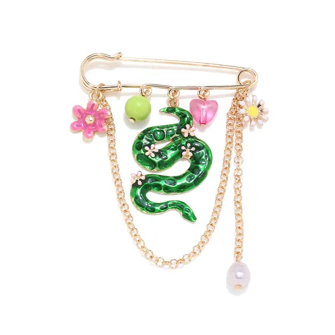 Exaggerated Alloy Oil-Drop Snake Floral Tassel Brooch Artificial Pearl Heart Fashion Jewelry Pin For Women