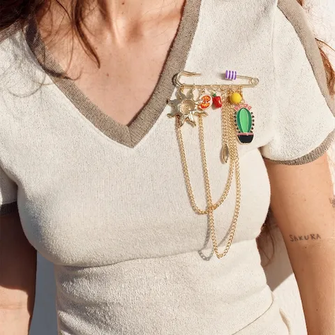 Sweet Cute Painted Cactus Sun Chili Tassel Alloy Brooch Pin Elegant Plant Floral Element Women Fashion Jewelry