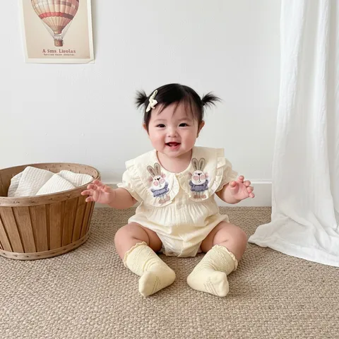 Neonata Cotone Manica Corta Colletto Peter Pan Carino Coniglio Tuta Neonato Principessa Estate Jumpsuit