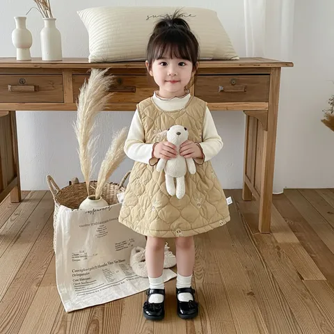Infant Baby Girls Fleece Lined Vest Dress And Long Sleeve Top Cute Cartoon Embroidery Winter Warm Clothing Set