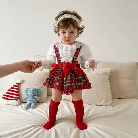 Baby Girls Long Sleeve Top And Plaid Strap Dress Set Infant Fall Cute Bow Spring Outfits Toddler Clothing