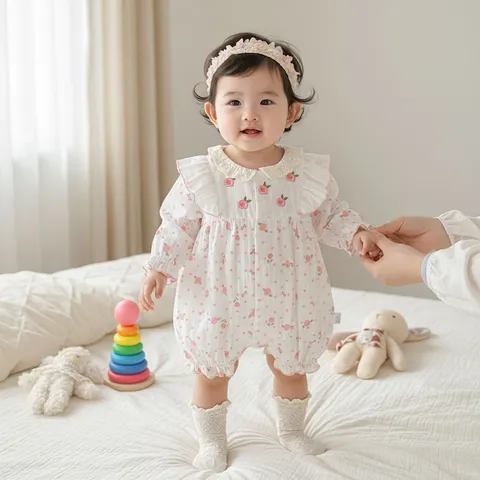 Grenouillère Princesse pour Bébé Fille en Pur Coton Manches Longues Jumpsuit Floral Doux Nouveau-né Printemps Été Vêtements Bébé