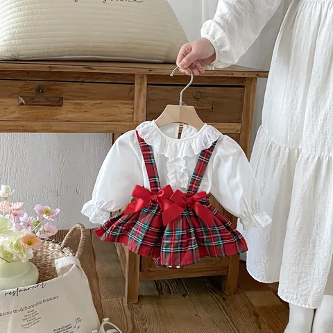 Baby Girls Long Sleeve Top And Plaid Strap Dress Set Infant Fall Cute Bow Spring Outfits Toddler Clothing
