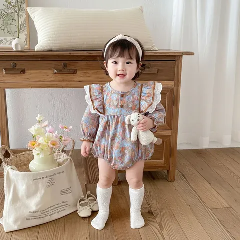 Infant Baby Girls Long Sleeve Floral Print Romper Cute Korean Style Cotton Bodysuit Newborn Spring Jumpsuit