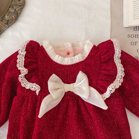 Baby Girls Fleece Lined Red Romper Sweet Princess Bowknot Long Sleeve Bodysuit Infant Winter Clothing