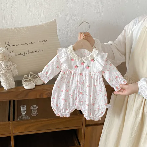 Grenouillère Princesse pour Bébé Fille en Pur Coton Manches Longues Jumpsuit Floral Doux Nouveau-né Printemps Été Vêtements Bébé