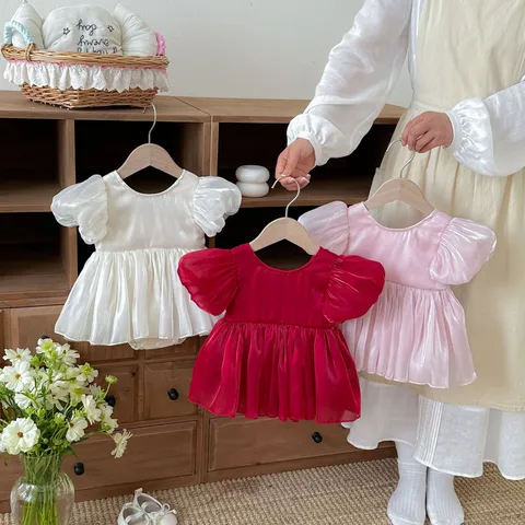 Baby Girls Summer Birthday Party Dress Infant Cute Puff Sleeve Mesh Romper Princess Dress Toddler Clothing
