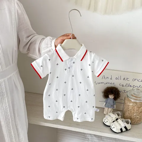 Baby Boy Summer Short Sleeve Polo Collar Romper Cotton Anchor Print Casual Infant Bodysuit Newborn Clothes