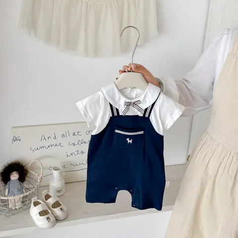 Baby Boy Summer Cotton Romper Cute Puppy Embroidery Short Sleeve Patchwork Bodysuit Infant Newborn Clothes