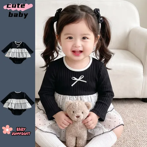 Infant Baby Girls Long Sleeve Romper Black Cotton Blend Polka Dot Mesh Tutu Jumpsuit Cute Bow Fall Bodysuit