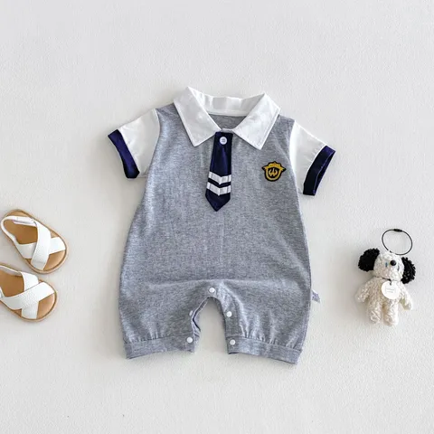 Baby Boys Short Sleeve Romper Preppy Style Polo Collar Cotton Bodysuit Summer Infant Newborn Clothes