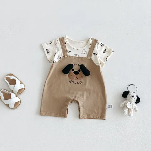 Baby Boy Summer Romper Cute Puppy Print Fake Two Piece Short Sleeve Cotton Infant Crawler Clothes