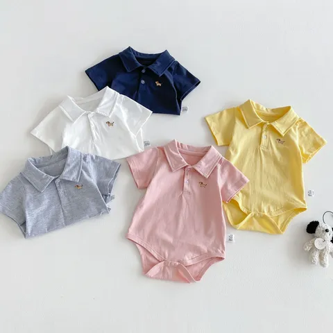 Baby Boy Summer Short Sleeve Polo Collar Cotton Romper Cute Cartoon Dog Embroidery Infant Casual Jumpsuit Newborn Bodysuit