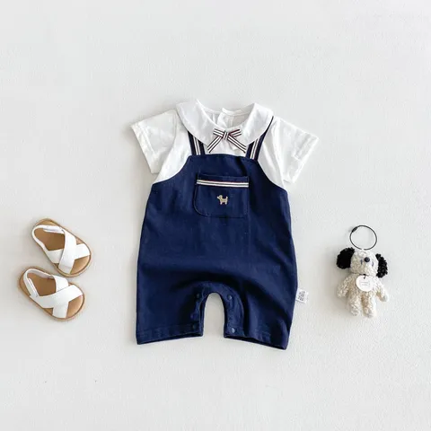 Baby Boy Summer Cotton Romper Cute Puppy Embroidery Short Sleeve Patchwork Bodysuit Infant Newborn Clothes