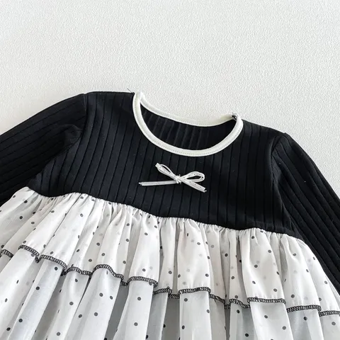 Infant Baby Girls Long Sleeve Romper Black Cotton Blend Polka Dot Mesh Tutu Jumpsuit Cute Bow Fall Bodysuit