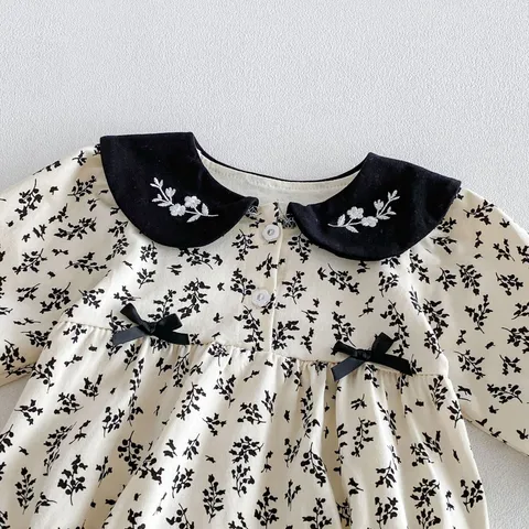 Nourrisson Bébé Fille Grenouillère Manches Longues Imprimé Floral Col Rabattu Nœud Body Coton Combinaison Nouveau-né Vêtements