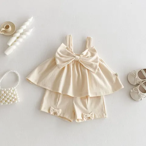 Neonata Bambina Estate Misto Cotone Top con Bretelle e Pantaloncini Set Carino Fiocco Outfit Casuale Stile Dolce Abbigliamento per Bambini