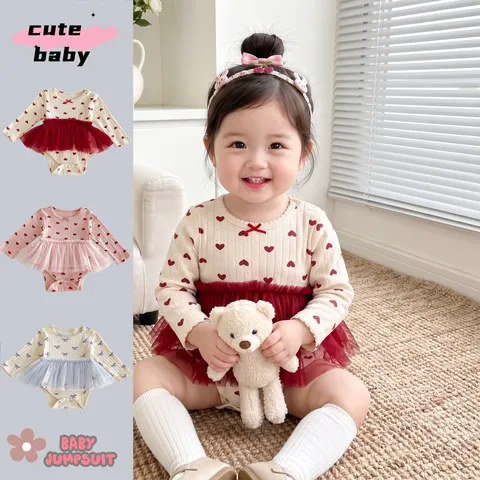 Zuigeling Baby Meisjes Lange Mouw Romper Schattige Hart Strik Print Tutu Jumpsuit Katoen Baby Kleding