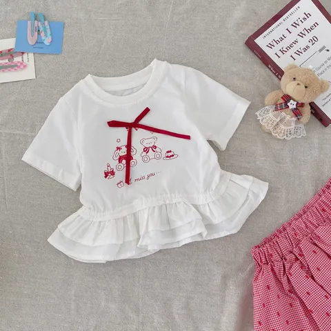 T-Shirt Manches Courtes en Coton pour Filles Enfants Été Mignon Imprimé Ours Dessin Animé Col Rond Top Pull Vêtements Décontractés